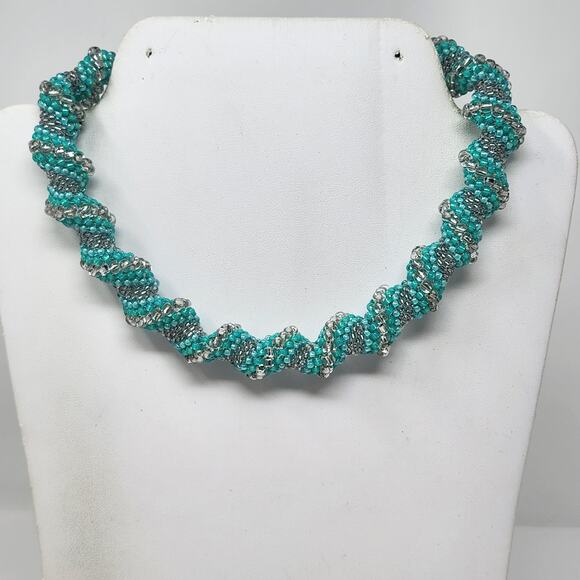 Turquoise Silver Seed Bead Rope Swirl Necklace Toggle Clasp Statement Jewelry - Picture 1 of 5